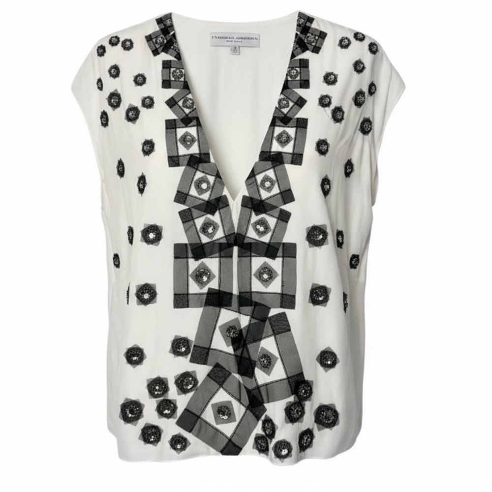 Carolina Herrera Silk Geometric Print Embellished‎ Blouse